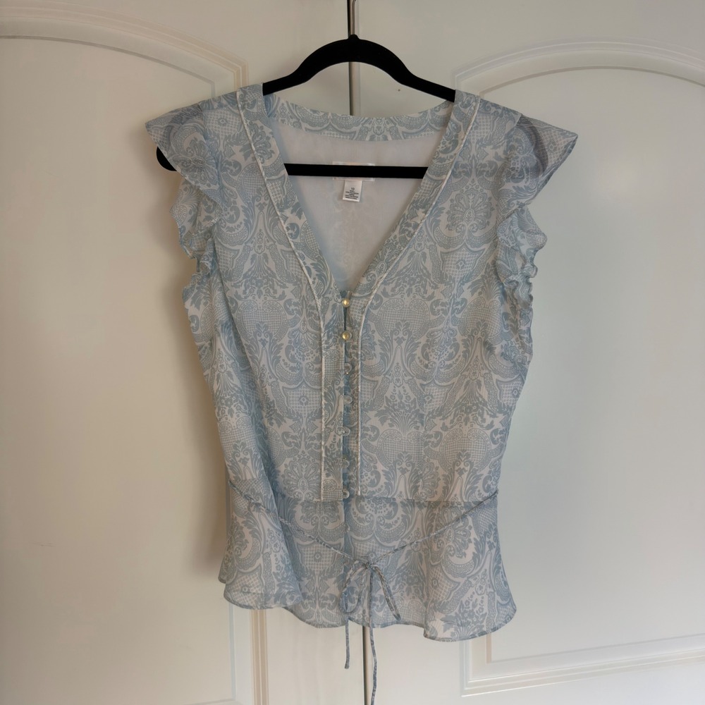 Ann Loft Blue White Damask Paisley Ruffle Sleeveless Blouse Tie Waist Top 10